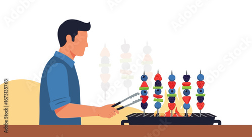 Man Preparing Grilled Fruit Skewers Over a Roaring Fire During a Vibrant Summer Gathering