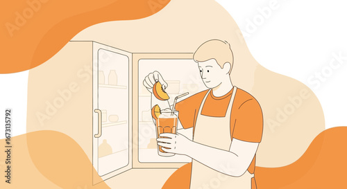 Man Preparing Refreshing Drink With Fruits In The Kitchen With A Modern Style