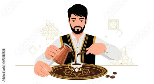 Man Preparing Traditional Coffee Pouring Into a Cup on a Decorative Tray Vector Illustration