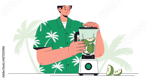 Man Preparing Tropical Fruit Smoothie in Blender with Palm Tree and Summer Vibes