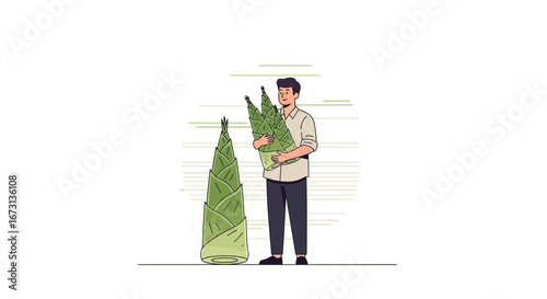 Man Presenting Fresh Bamboo Shoots, Highlighting Food and Sustainable Harvesting