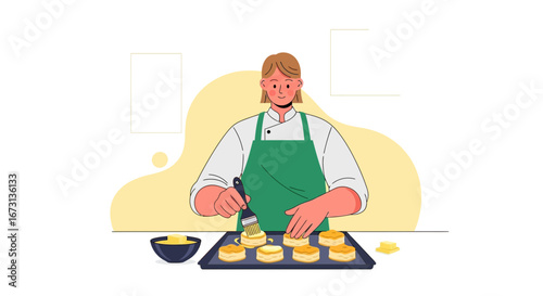 Pastry Chef Brushing Butter onto Freshly Baked Scones in a Modern Illustrative Style