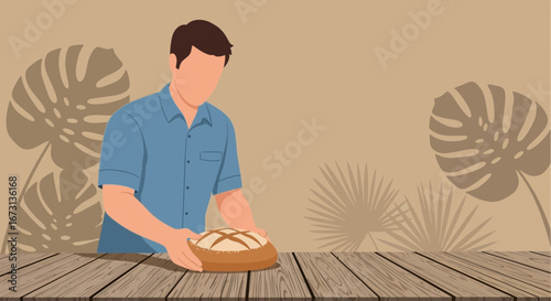 Man Presenting Freshly Baked Bread on Wooden Table for Culinary Appreciation