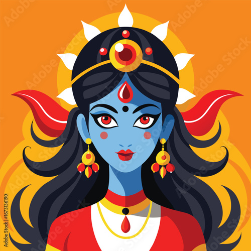 Blue faced woman with red lips and earrings goddess