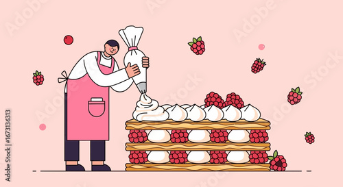 Pastry Chef Decorating Exquisite Dessert Artfully, Delightful Culinary Creation