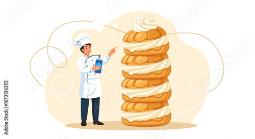 Pastry Chef Presenting Tower Of Cream Cakes, Sweet Culinary Art Creation With Artistic Design
