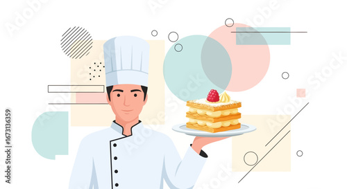Pastry Chef Proudly Presenting a Exquisite Mille-Feuille Dessert Creation for Culinary Delights