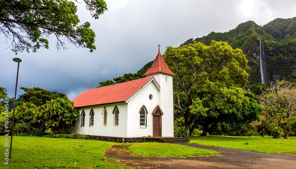 Fototapeta premium Small White Church with Red Roof in Lush Green Landscape with Waterfall.