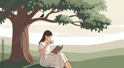 Peaceful Moment: Woman Enjoys Reading With Drink Under A Shady Tree In The Park