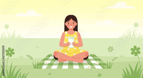 Peaceful Moment: Girl Embraces Nature While Relaxing on a Picnic, Enjoying Fresh Beverage