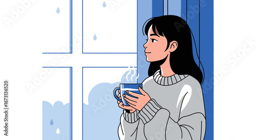 Peaceful Moments: Woman Enjoying a Warm Drink Watching Rain Fall Through Window