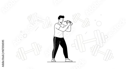 Man Refreshing Himself With Water After Workout Amidst Dumbbells in a Minimalist Style
