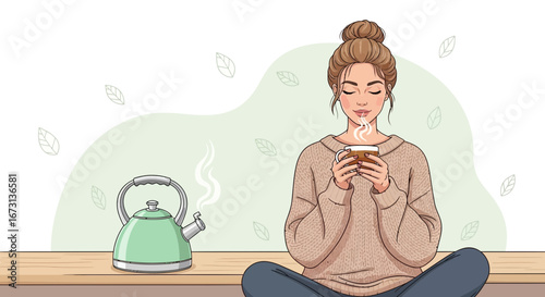Peaceful Woman Relaxes And Enjoys A Hot Drink In A Serene And Calm Setting