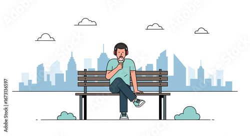 Man Relaxes On Park Bench, Enjoying Ice Cream, Amidst The City's Skyline