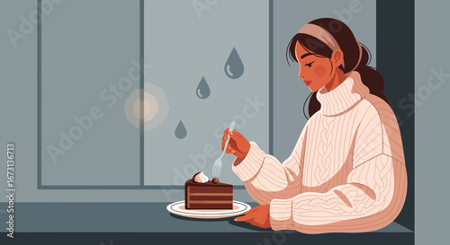 Pensive Moment Indulging in Cake By The Window On A Rainy Day Evening