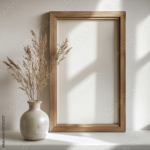 Thin wooden picture frame with empty content hanging against a white wall, ideal for presenting personalized artwork or photographs. The simplicity of the frame and setting offers, Generative AI