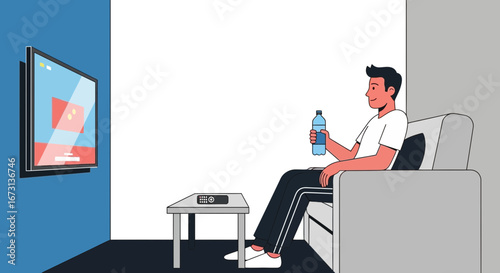 Man Relaxing On Sofa Watching Television And Hydrating With Water Bottle