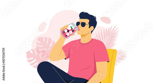 Man Relaxing While Enjoying Refreshing Beverage Depicted In Modern Illustration Style