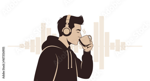 Man Savoring Coffee and Music, Audio Bars Background Vector Illustration, Modern Lifestyle