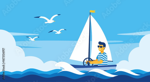 Man Sailing On Ocean Waves With Seagulls On Bright Day In Summer