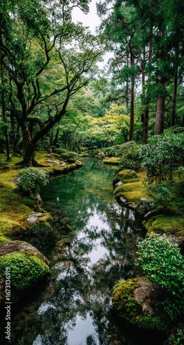 Serene Japanese garden creek, lush foliage, moss-covered stones