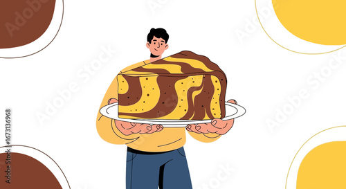 Man Serving Delicious Chocolate Cake, Perfect Treat, Graphic Design Illustration Digital Art