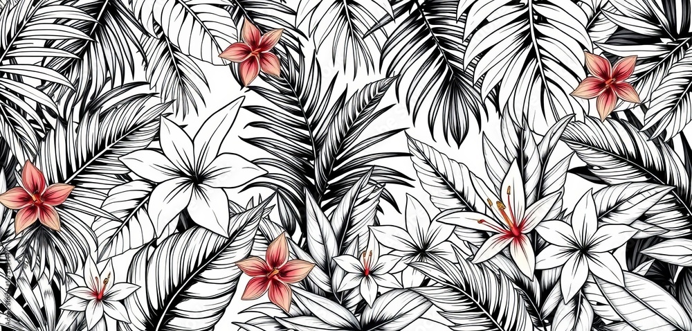 Black and white line art tropical floral seamless pattern Palm leaves, exotic flowers, jungle background, surface pattern, trendy Black and white line art tropical floral seamless pattern Palm leaves, exotic flowers, jungle background, surface pattern, trendy
