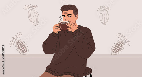 Man Sipping Hot Chocolate, Cocoa Pods, Cozy Vibes, Warm Drink Relaxation Illustration