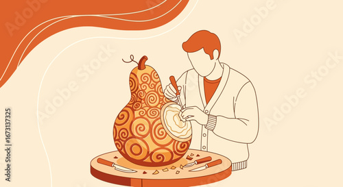 Person Crafting a Decorative Gourd with Implements on a Table Illustration