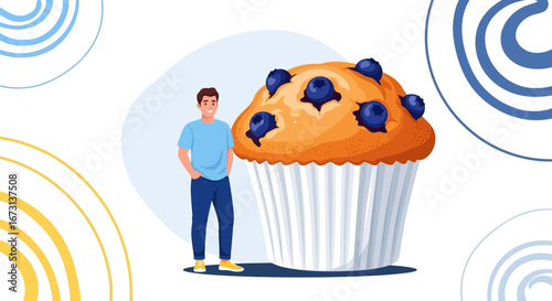 Man Stands Beside Gigantic Muffin with Blueberries Against White Backdrop and Abstract Forms