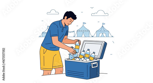 Man Stocking Water Bottles In A Cooler For A Summer Outing Near Tents