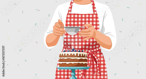 Person Decorating a Cake with Icing Sugar in Cozy Kitchen, Baking Decor Illustration