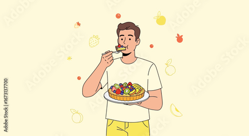 Man Tasting Delightful Fruit Tart Amidst Vibrant Illustration, Enjoying Gourmet Dessert