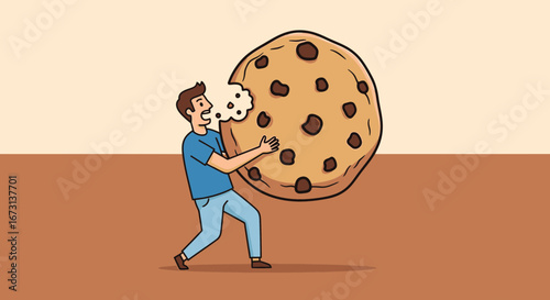 Man Trying To Devour An Exaggerated Chocolate Chip Cookie With Huge Bite
