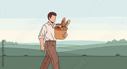 Man Walking With Basket, Bread, Rural Landscape, Green Fields, Simple Illustration
