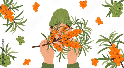 Person Embraces Branch Of Orange Berries, Holding Them In Front Of Face, Minimalist Artwork