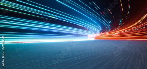 3d rendering futuristic racing track with motion blur and colorful neon light trails
