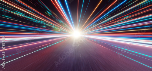 Fotografi 3d rendering speeding through time and space with light trails converging on bri