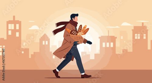 Man With Bread Basket Strolling Through The City Towards The Sunrise in Brown Tones