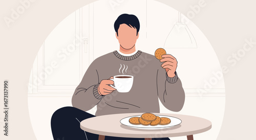 Person Enjoying Coffee And Cookie, Simple Relaxing Moment In The Minimalist Environment