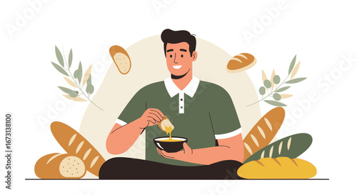 Person Enjoying Dip and Bread Surrounded By Flourishes of Freshness, Enjoying Deliciousness
