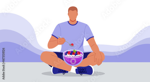 Person Enjoying Healthy Breakfast Bowl While Meditating In A Serene, Calming Position