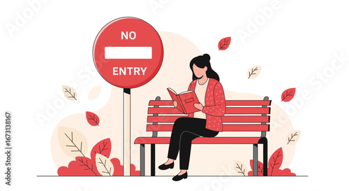 Person Enjoying Literature at Secluded Bench Near Forbidden Zone in Autumnal Ambience