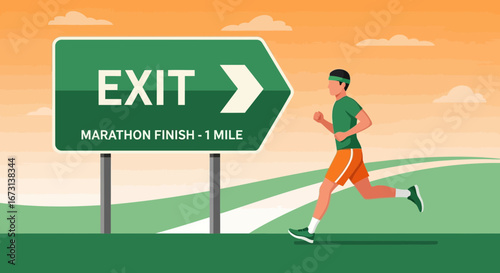 Marathon Runner Nears the Exit Sign After Mile, Reaching the Anticipated Finish Line