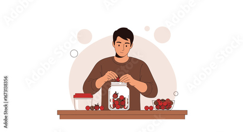 Person Filling Jar With Berries, Creating Preserves, And Food Preservation Cartoon