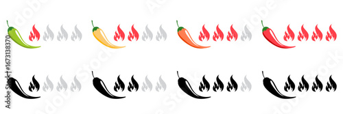 Chili heat level icon set for spicy food labels with pepper scale showing mild medium hot and extra spicy levels for sauces ketchup or menu design in red flat vector style