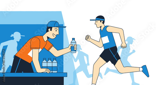 Marathon Runner Refuels With Bottle Of Water During Endurance Race For Hydration