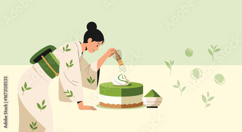 Matcha Cake Illustration Featuring A Woman Preparing Dessert with a Traditional Japanese Robe