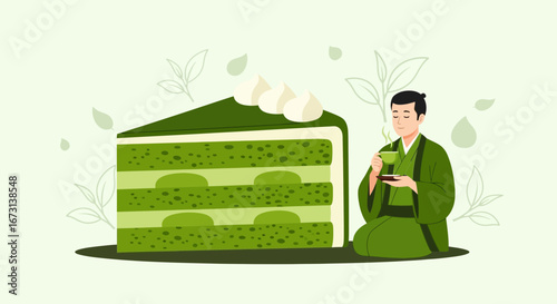 Matcha Cake and Tea Ceremony: An Artistic Depiction of Serenity and Traditional Delights