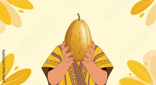 Person Holding a Large Fruit Portraying Cultural Significance on a Pale Yellow Backdrop